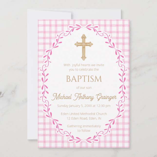 Invitation 009 Fuchsia Botanical Vine Ornate Cross Baptism (Devant)