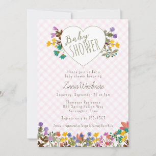 Invitation 009 Fuchsia Carreaux Jardin Cœur Floral Baby Showe