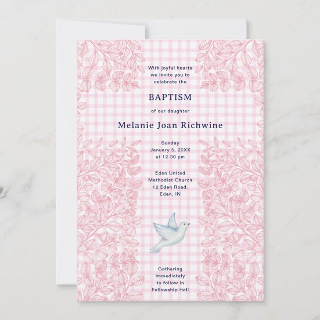 Invitation 009 Fuchsia Colombe Botanique Croisé Gingham Baptê (Devant)