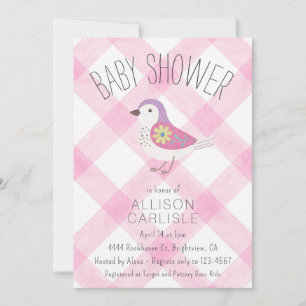 Invitation 009 Fuchsia Douce Fleurie Oiseau Gingham Baby Show