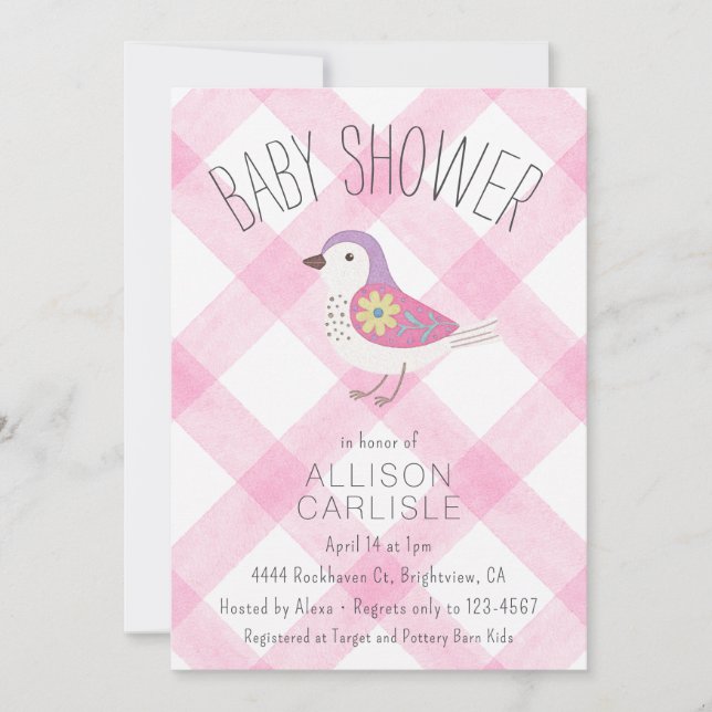 Invitation 009 Fuchsia Douce Fleurie Oiseau Gingham Baby Show (Devant)