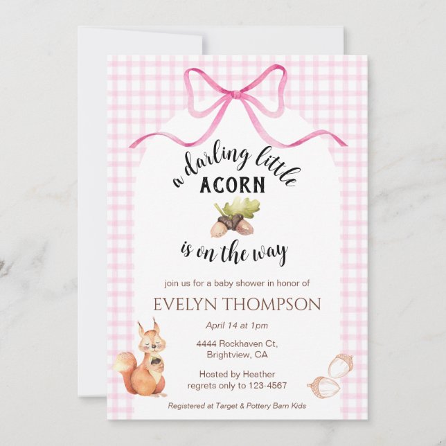 Invitation 009 Fuchsia Écureuil Gland Gingham Baby Shower (Devant)