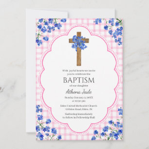 Invitation 009 Fuchsia Fleurir Croix Rustique Design Baptême