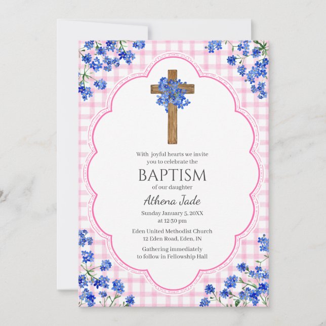 Invitation 009 Fuchsia Fleurir Croix Rustique Design Baptême (Devant)