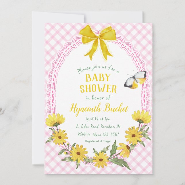 Invitation 009 Fuchsia Jaune Fleur Daisy Ruban Gingham Baby S (Devant)