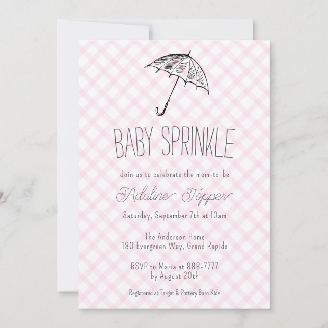 Invitation 009 Fuchsia Modern Umbrella Gingham Baby Sprinkle (Devant)