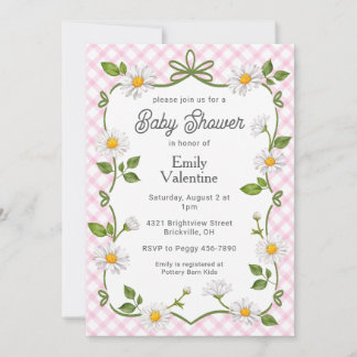 Invitation 009 Fuchsia Pink Floral Daisy Plaid Baby Shower