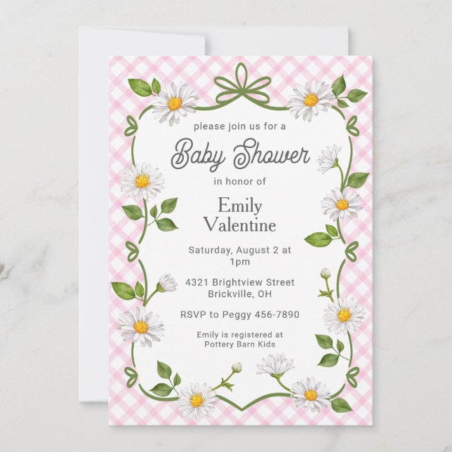 Invitation 009 Fuchsia Rose Floral à Motif Vichy Bébé Fille (Devant)