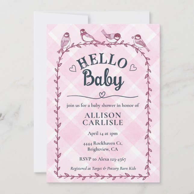Invitation 009 Fuchsia Watercolor Gingham Birds Baby Shower (Devant)
