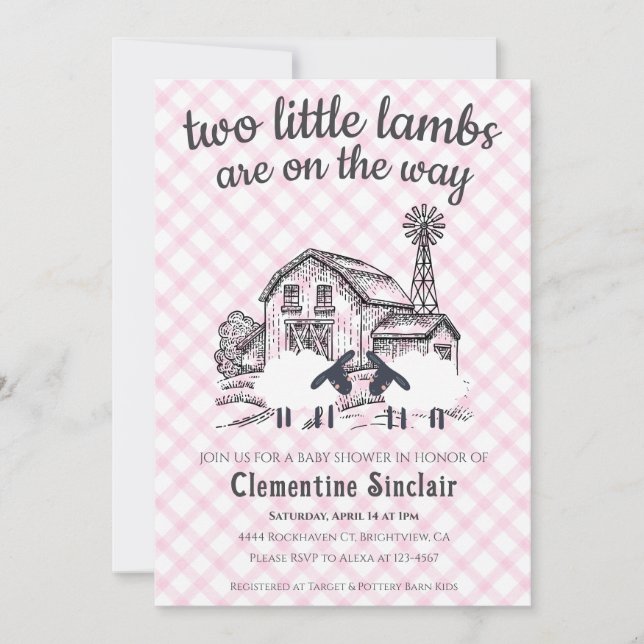 Invitation 009 Fuschia Petits Agneaux Ferme Gingham Baby Show (Devant)