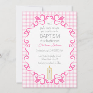 Invitation 009 Fuschia Rouleau Gingham Croix Bougie Baptême