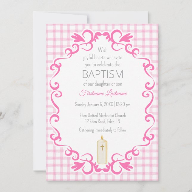 Invitation 009 Fuschia Rouleau Gingham Croix Bougie Baptême (Devant)