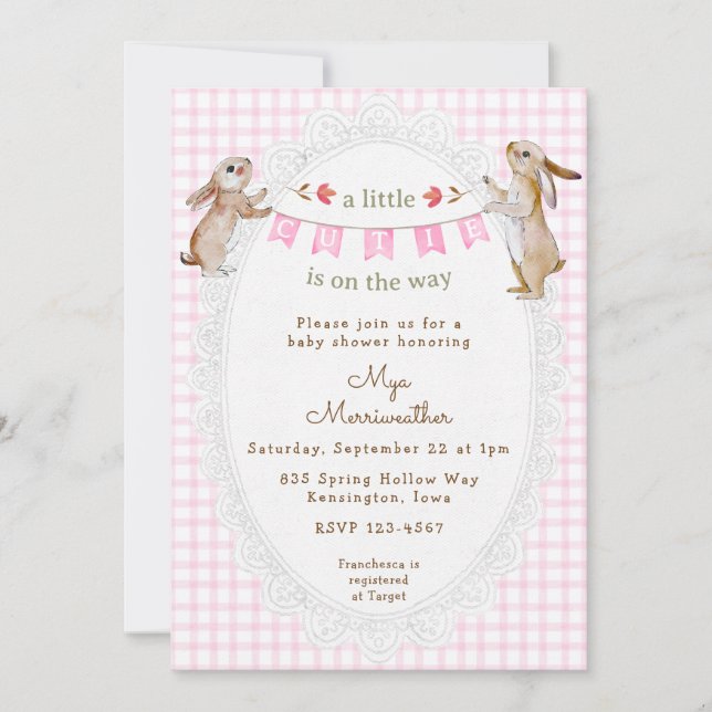 Invitation 009 Rose Fuchsia Doux Lapin Gingham Baby Shower (Devant)