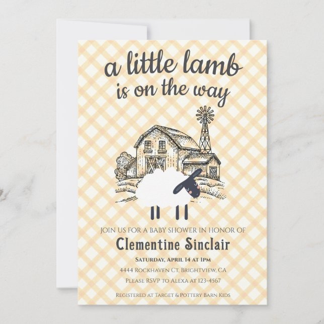 Invitation 010 Amber A Little Lamb Farm Gingham Baby Shower (Devant)