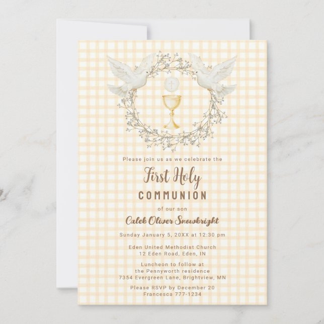 Invitation 010 Amber Dove & Chalice Gingham 1ère Communion (Devant)