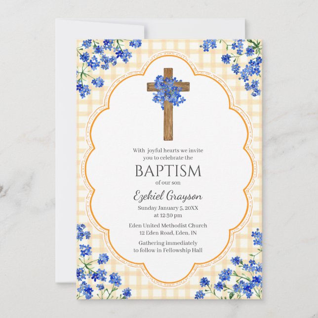Invitation 010 Fleur d'Ambre Croix Rustique Design Baptême (Devant)