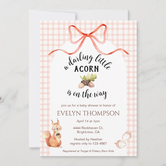 Invitation 011 Terracotta Squirrel Acorn Gingham Baby Shower (Devant)
