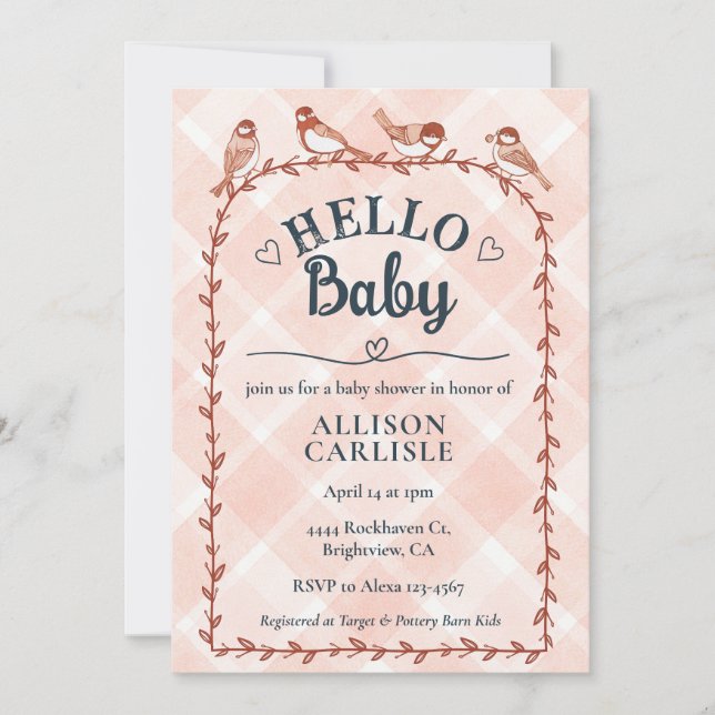 Invitation 011 Terracotta Watercolor Gingham Bird Baby Shower (Devant)