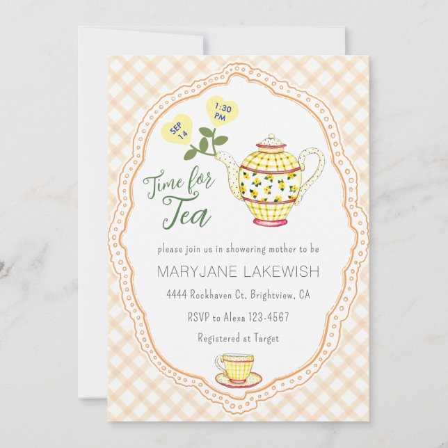 Invitation 012 Baby Shower Tea Party Bébé au Coton Gingham Mi (Devant)