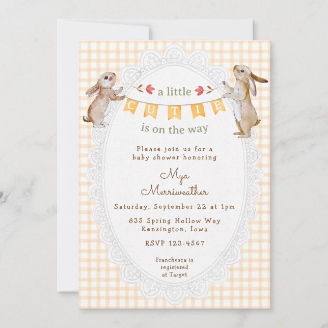 Invitation 012 Copper Orange Douce Lapin Gingham Baby Shower (Devant)