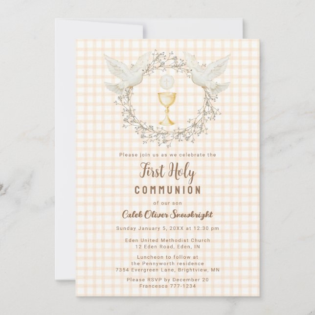 Invitation 012 Cuivre Colombe & Calice Gingham 1ère Communion (Devant)