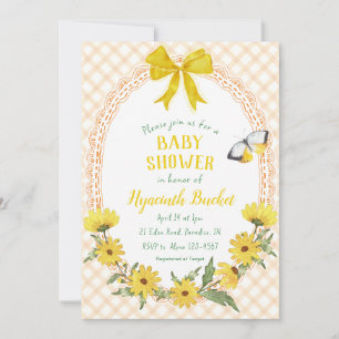 Invitation 012 Gingham Bébé Fête Naissance Ruban Fleuron Jaun