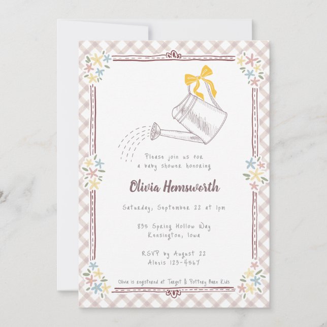 Invitation 013 Arrosoir à gingham chocolat Baby Shower (Devant)