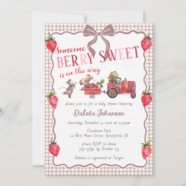 Invitation 013 Baby Shower Ferme Sucrée Baies Gingham Chocola (Devant)