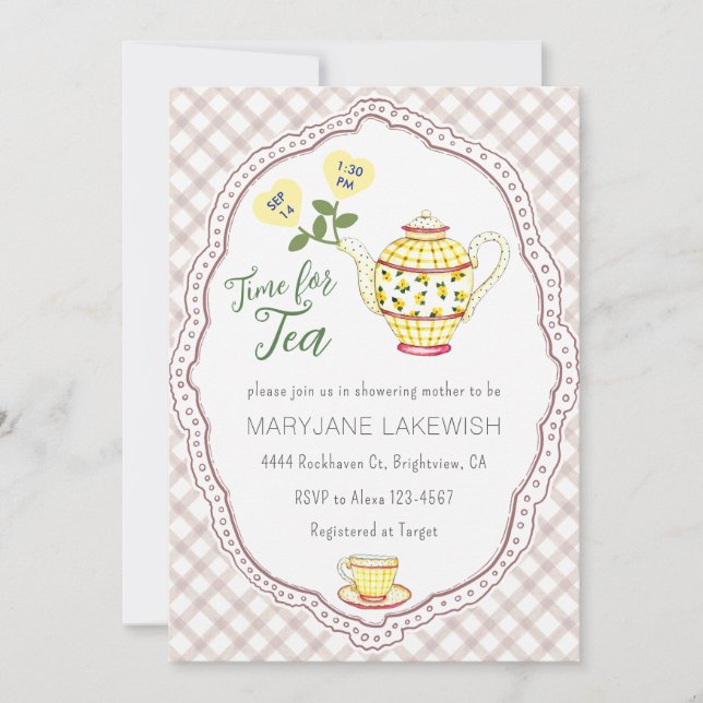 Invitation 013 Baby Shower Tea Party Bébé Mignon Gingham Choc (Devant)