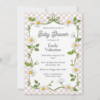 Invitation 013 Chocolate Brown Floral Daisy Plaid Baby Shower