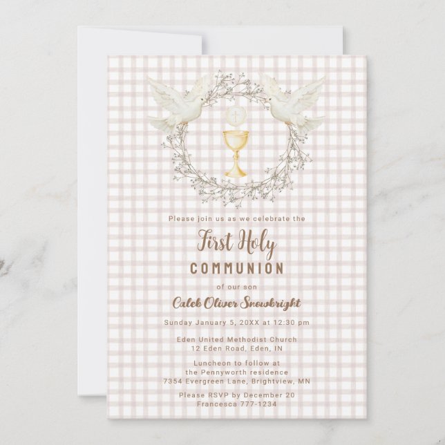 Invitation 013 Chocolate Dove & Chalice Gingham Première Comm (Devant)
