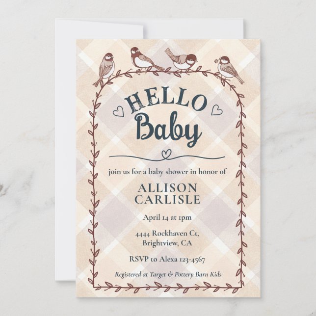 Invitation 013 Chocolate Watercolor Gingham Birds Baby Shower (Devant)