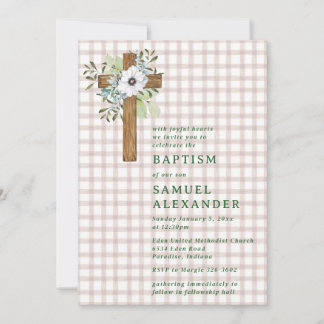 Invitation 013 Croix en bois Brun chocolat Végétation Baptême