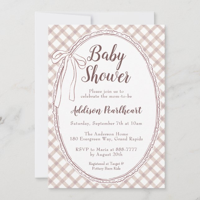 Invitation 013 Gingham Dentelle Héritage Chocolat Baby Shower (Devant)