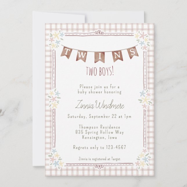 Invitation 013 Jumeaux Floral Gingham Chocolat Bain de Bébé (Devant)