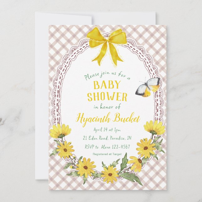 Invitation 013 Marron Chocolat Nœud Papillon Gingham Baby Sho (Devant)