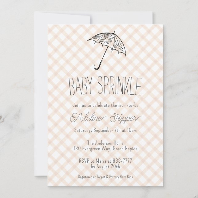 Invitation 014 Cappuccino Marron Gingham Bébé Sprinkle Parapl (Devant)