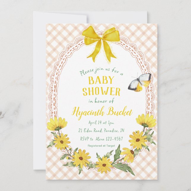 Invitation 014 Jaune Gingham Bow Latte Marguerite Baby Shower (Devant)