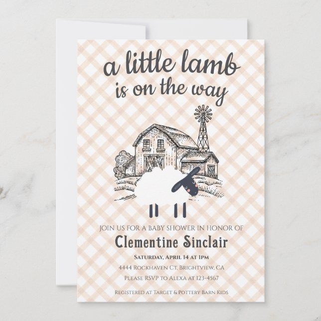 Invitation 014 Latte A Little Lamb Farm Plaid Baby Shower (Devant)