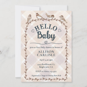 Invitation 014 Latte Aquarelle Gingham Oiseaux Baby Shower