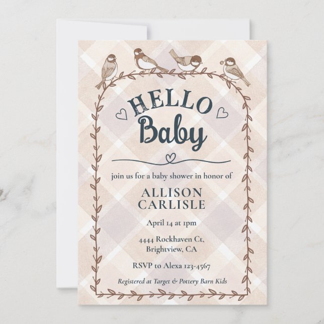 Invitation 014 Latte Aquarelle Gingham Oiseaux Baby Shower (Devant)