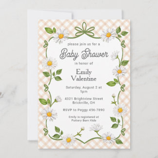 Invitation 014 Latte Brown Floral Daisy Plaid Baby Shower