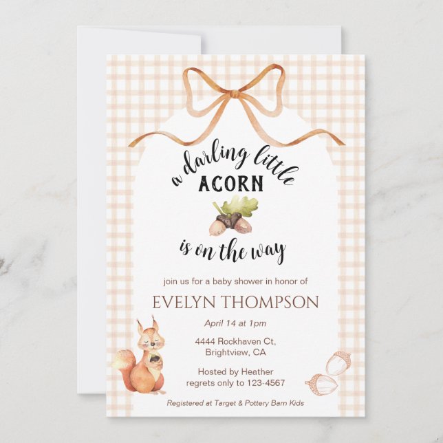 Invitation 014 Latte Cute Squirrel Acorn Gingham Baby Shower (Devant)