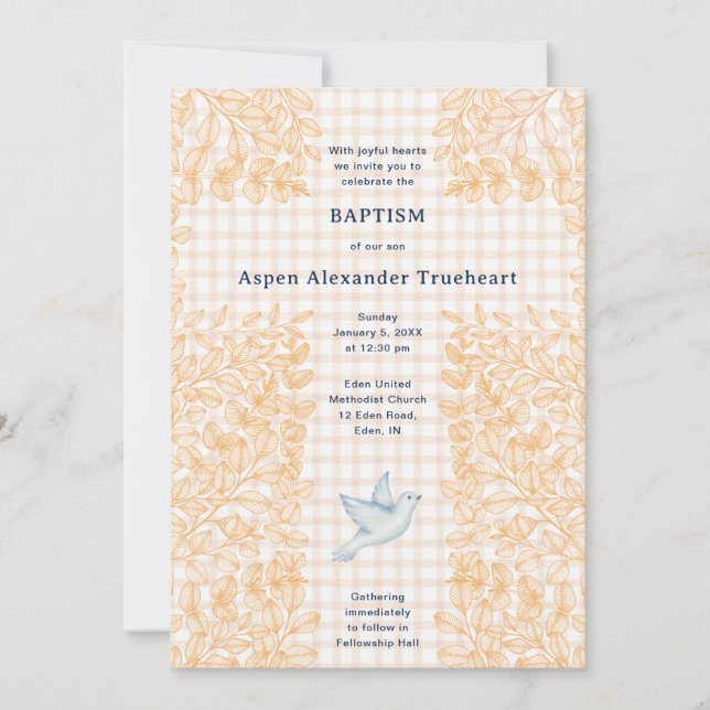 Invitation 014 Latte Dove Botanical Croix Gingham Baptême (Devant)