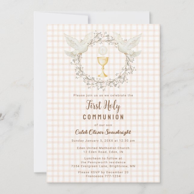 Invitation 014 Latte Dove & Chalice Gingham Première Communio (Devant)