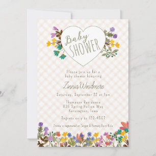 Invitation 014 Latte Gingham Jardin Cœur Fleur Bébé Naissance