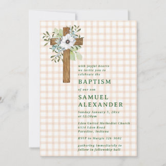 Invitation 014 Latte Rustique Verdure Croix en Bois Baptême