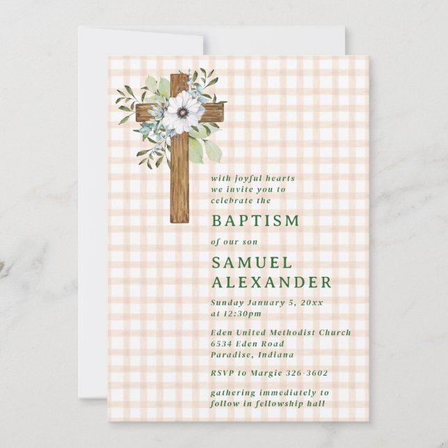 Invitation 014 Latte Rustique Verdure Croix en Bois Baptême (Devant)