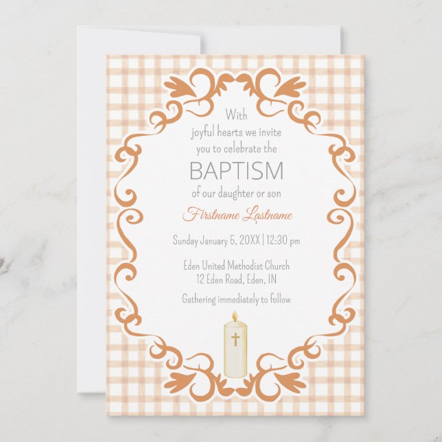 Invitation 014 Latte Tan Scroll Gingham Cross Candle Baptism (Devant)