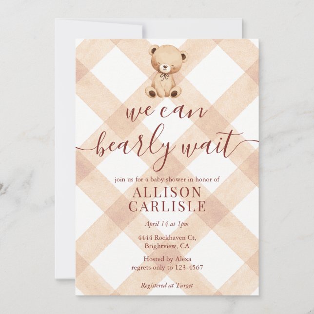 Invitation 014 Latte Tan Teddy Bear Gingham Baby Shower (Devant)